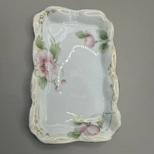 Nippon Small Hand Painted Porcelain Rosary Trinket Dish Floral Gold Trim Antique