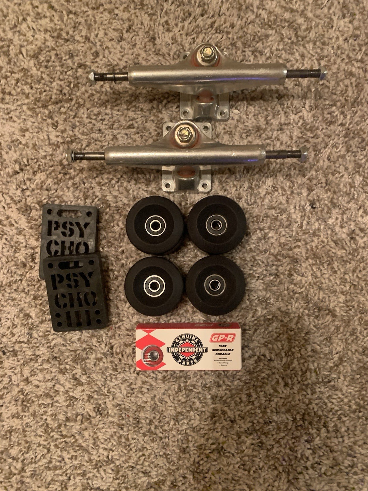 Black Skateboard Wheels 60mm Set Of 4, Raw 9&rdquo; Trucks, Independent GP-R Bearings