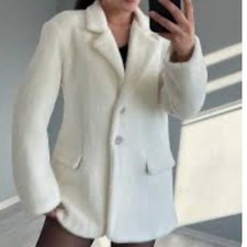 NEW Badgley Mischka Ivory Boucle  Textured Two Button Front Blazer Jacket Size M