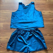 VTG Victoria's Secret Gold Label Dark Teal Blue Satin Tank Short Pajama Set L