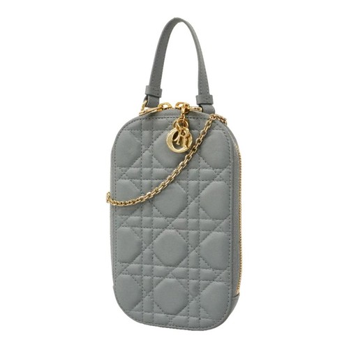 CHRISTIAN DIOR Bag: Cannage Blue Leather W10.5H18D2cm w/strap;