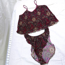 VTG 90s Dentelle 2PC Cami Short Set Womens Sz M Maroon Paisley Satin Lingerie