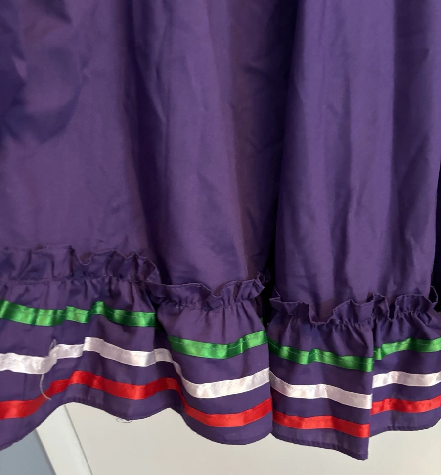 Beautiful Purple Mexican Skirt Red White and Green Ribbon Accent Ruffle Preowned - Image 3 of 4