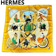 HERMES Carre 90 Plaza de Toros Silk Scarf 88cm 34.65in x 89cm 35.04in Yellow