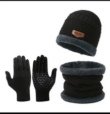 3-Piece Winter Set Beanie Hat, Gloves Neck Warmer Warm Fleece for Men Women