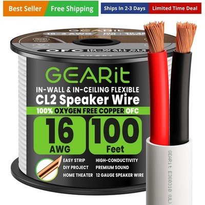 Speaker Wire 16 Gauge 100 ft, OFC Speaker Cable  CL2 Rated, 16 AWG Copper Wir...