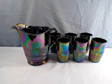 Fenton Black Carnival Glass Lincoln Inn Water Set - Large Pitcher 6 Tumblers