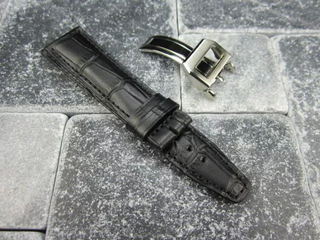 21mm Black Grain Leather Strap Deployment Buckle Watch Band SET