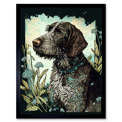German Wirehead Pointer Dog Wildflowers Framed Wall Art Picture Print 9X7 In