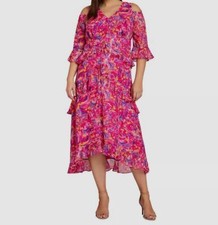 Tahari ASL Women's Pink Cold-Shoulder Tiered Ruffled Maxi Dress Petite Size 6P