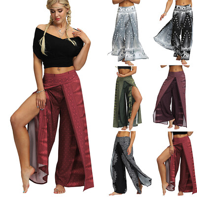 Lady Yoga Harem Pants Hippie Gypsy Baggy Slit Wide Leg Palazzo Comfy Trousers