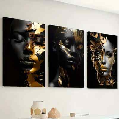3pcs Abstract Golden Decoration of African Women Wall Art Canvas Unframed/Framed