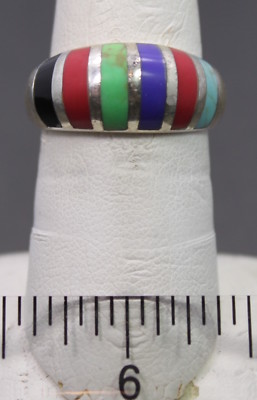 Sterling Silver Multi Color Inlay Ring Size 8