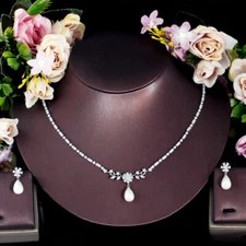 Delicate Silver Plated Pearl Drop CZ Zircon Flower Earrings Necklace Jewelry Set