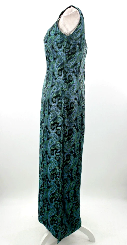 Винтажный женщин 60-х синий, зеленый и черный металлический парчи макси платье Sz M 1960-х платье - Изображение 4 из 4