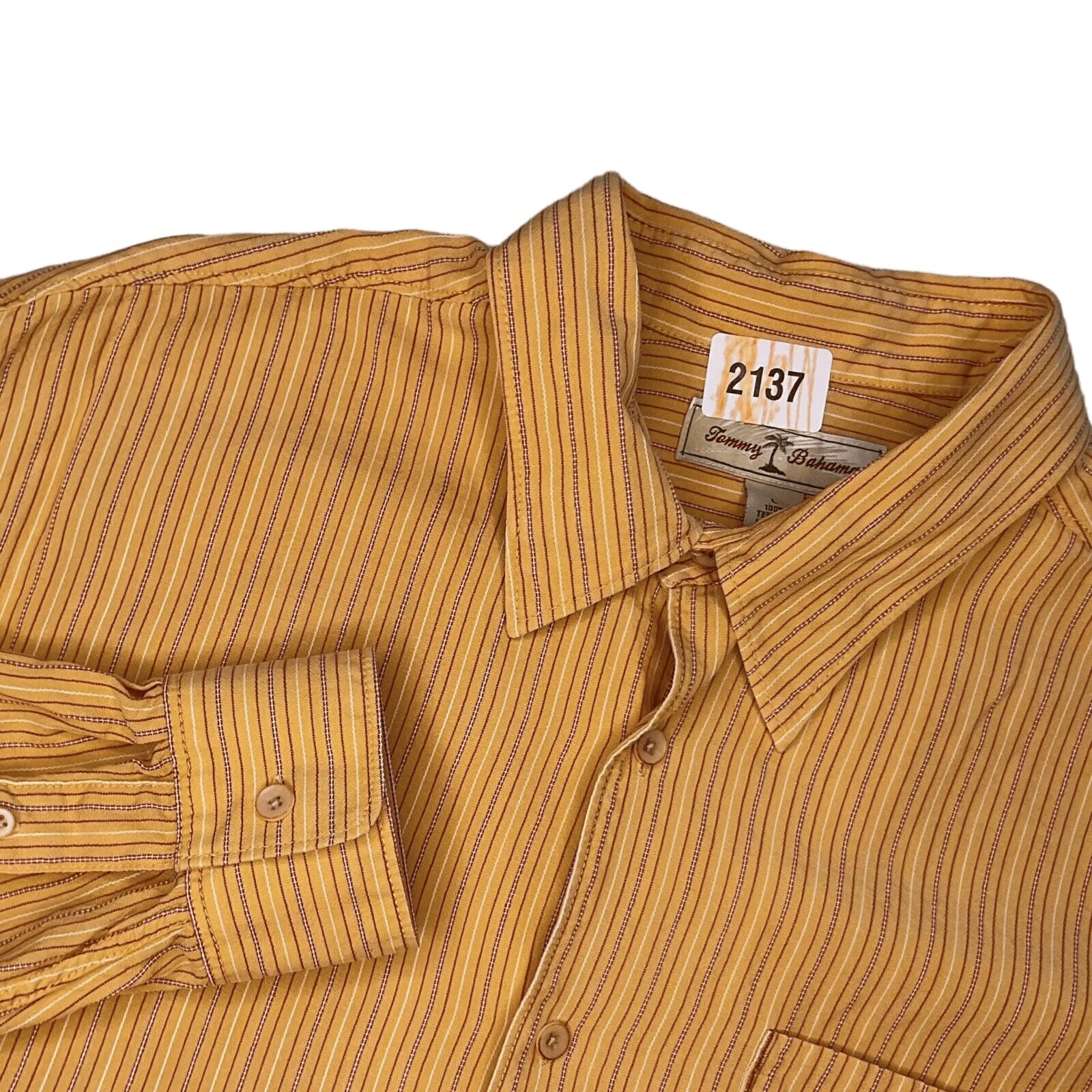 Tommy Bahama Shirt Men’s Large Button Up Yellow Striped Hawaiian Tencel Neutral