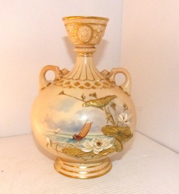 Amazing Antique Royal Worcester Hand Painted & Raised Relief Vase Ship & Lotus