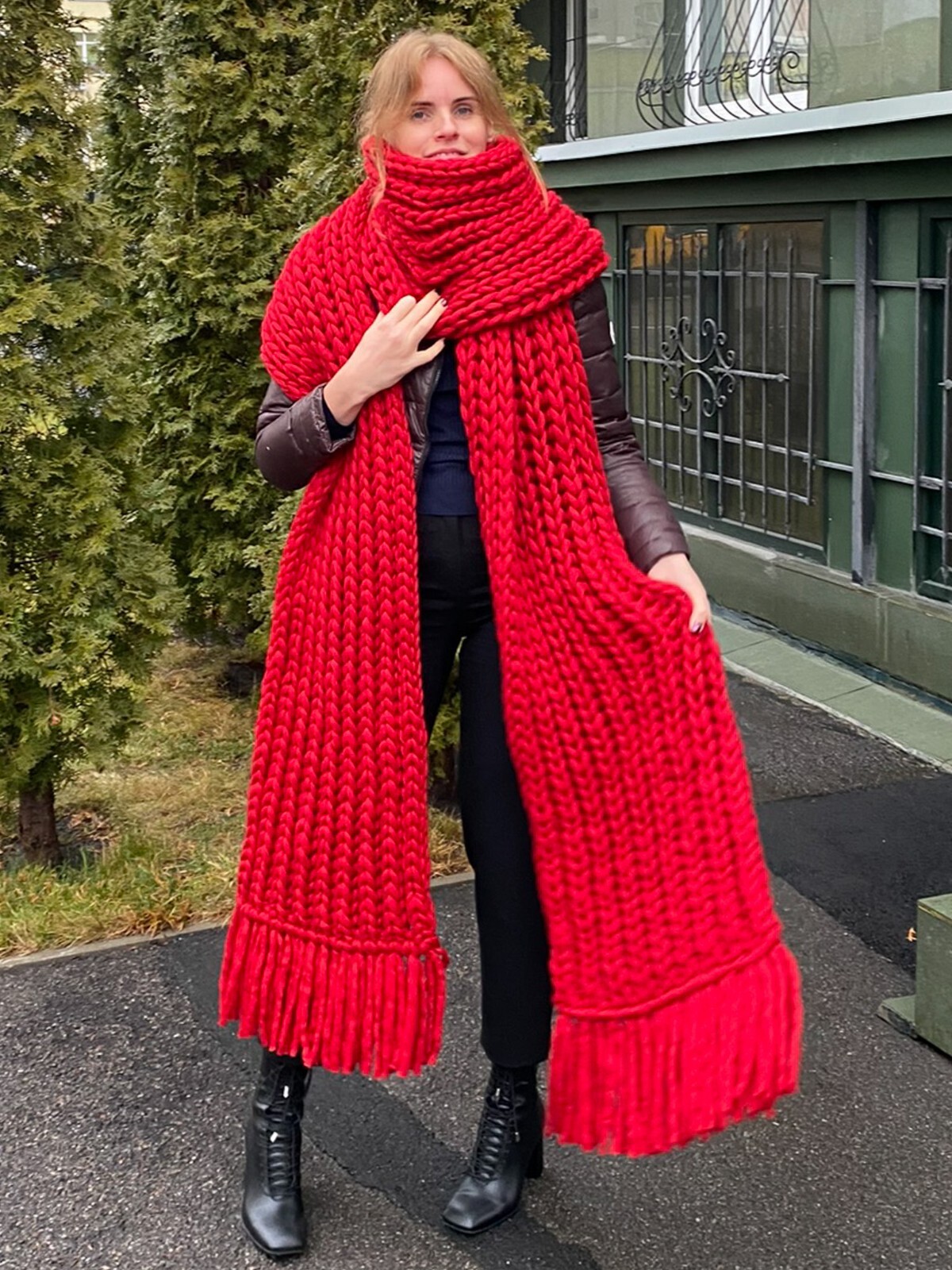 Chunky wool hand knit scarf - Oversized extra long wide fringed blanket ...