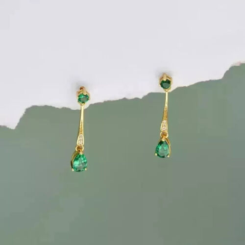 Drop Dangle Earring 14k Yellow Gold Plated Pear Cut Lab-Created Emerald 2Ct