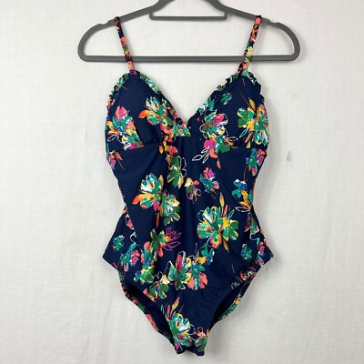 Sea Angel One Piece Floral Swimsuit Women L Navy Blue Ruffle Sweet Bright  Padded