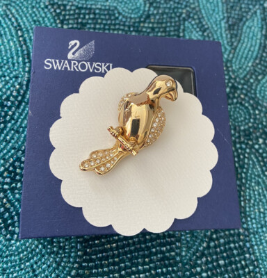 Vtg Signed Swarovski Crystal Rhinestone Brooch Pin Gold Plate Parrot  Bird