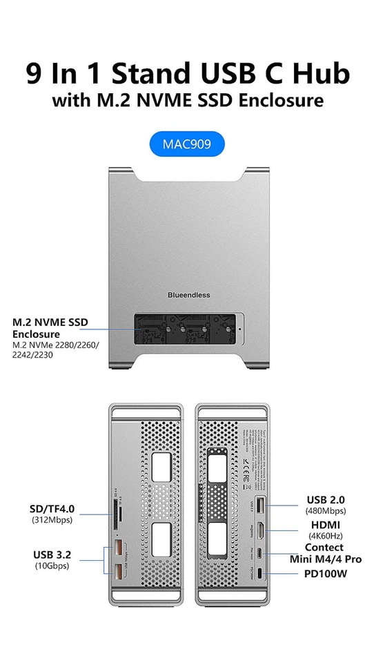For Mac Mini M4/M4 Pro Stand Type-C Docking Station SSD Case HDMI USB3.2 Gen2 - Image 3 of 4