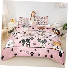  Cute Dog 3 Pcs Size Comforter Set,Black Paw Bone Print Pink Queen Cute Dog 02