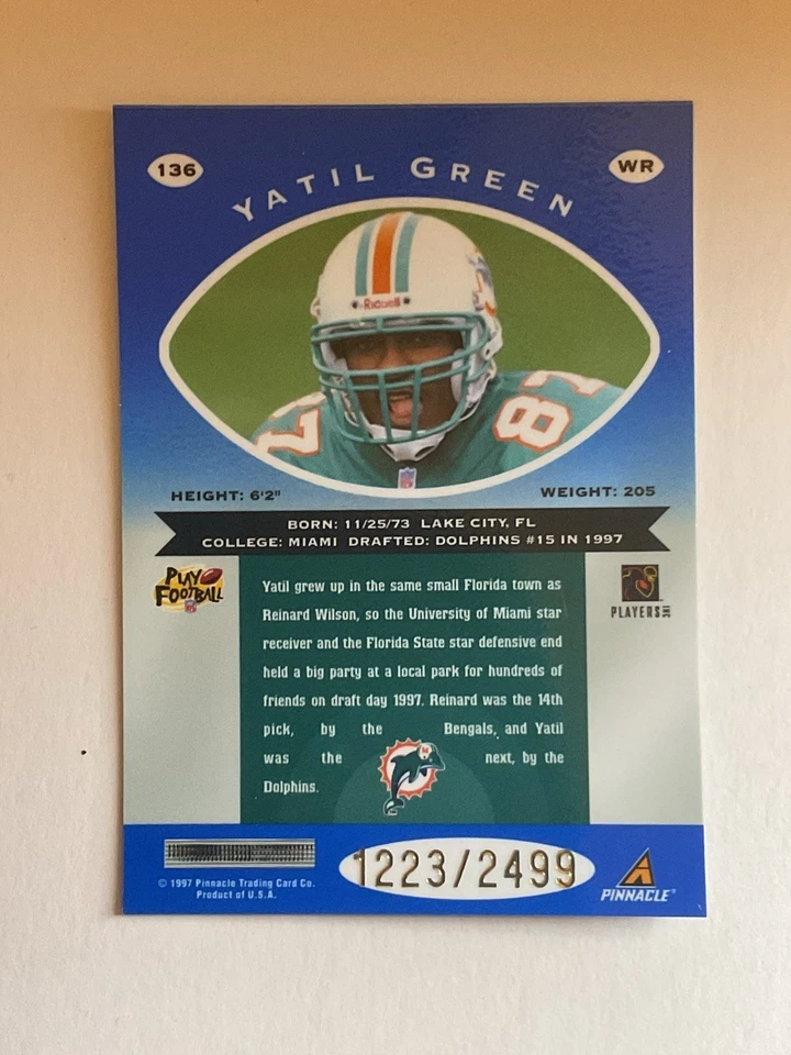 1997 Pinnacle Totally Certified Yatil Green Rookie Platinum Blue #1223/2499 - Image 2 of 2