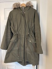 Principles 22 Long Duffel Coat With Fur Trimmed Hood Green Khaki Lightly Quilted