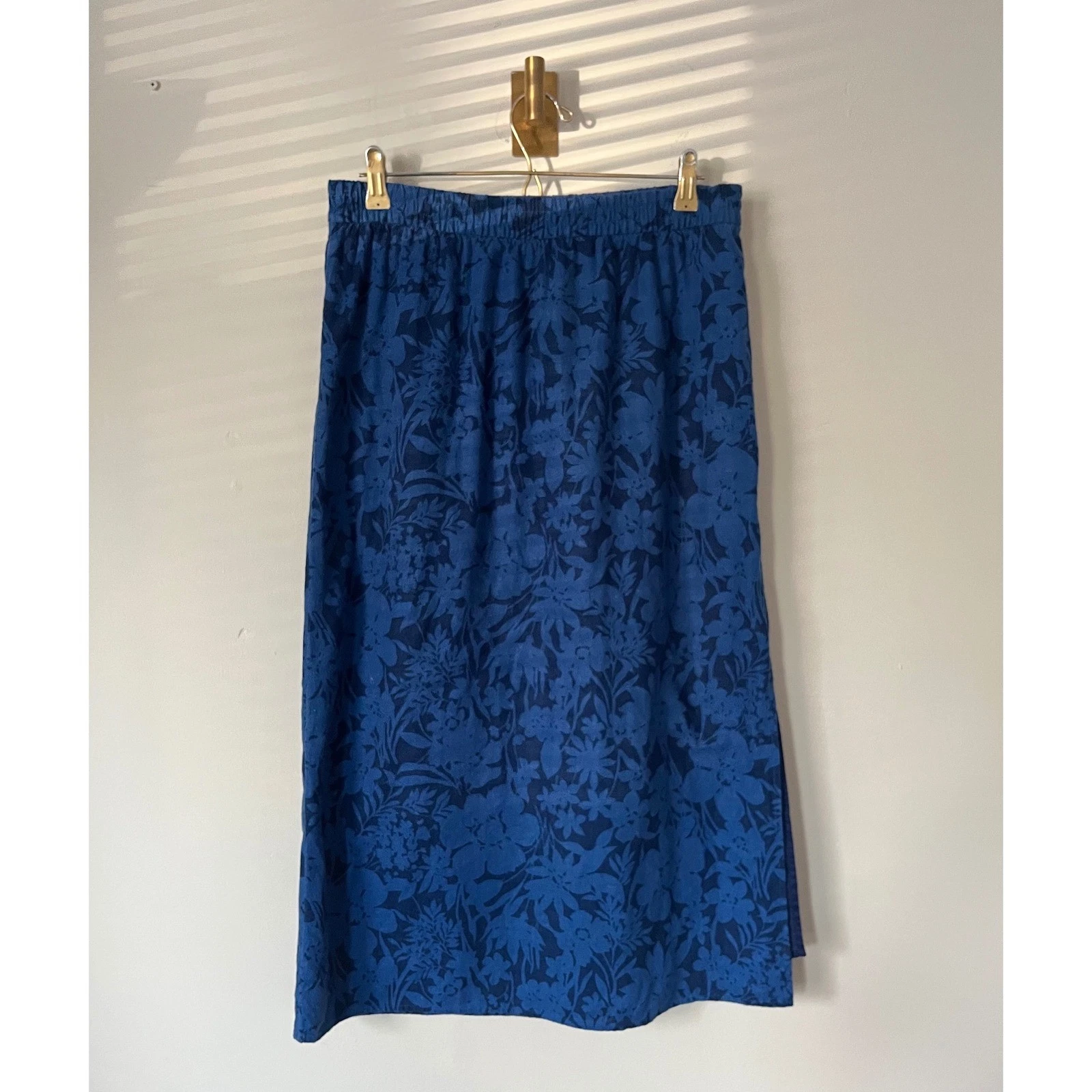Gap Blue Floral Linen Blend vacation Midi Skirt Elastic Waist Side Slit M