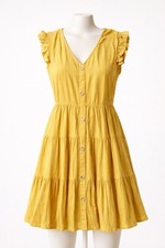 Women’s Mustard Yellow Tiered Dress L Button Front Ruffle Sleeve Boho