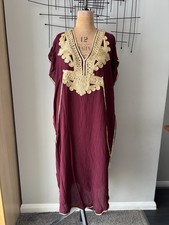 Moroccan-style long kaftan dress gold embroidery Burgundy One Size V-neck Ethnic