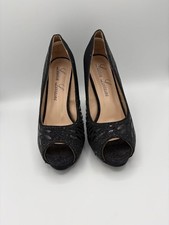 Lauren Lorraine Black Glitter Peep Toe Platform Stiletto Pumps