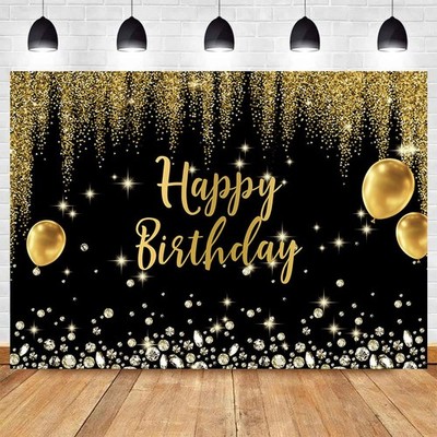 7X5FT Black Gold Happy Photography Backdrops Diamond Gold Balloon Bokeh Glitt...