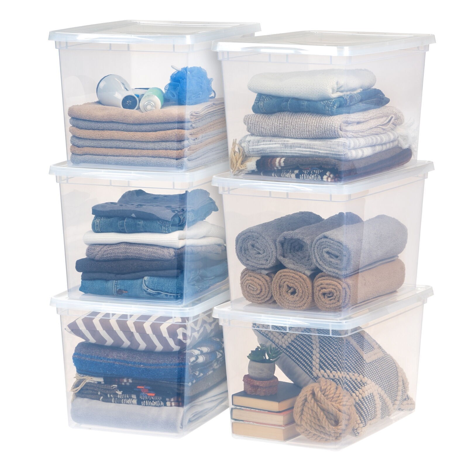 17Qt Stackable Plastic Storage Box Set - 6 Organizer Bins with Lids for Closet