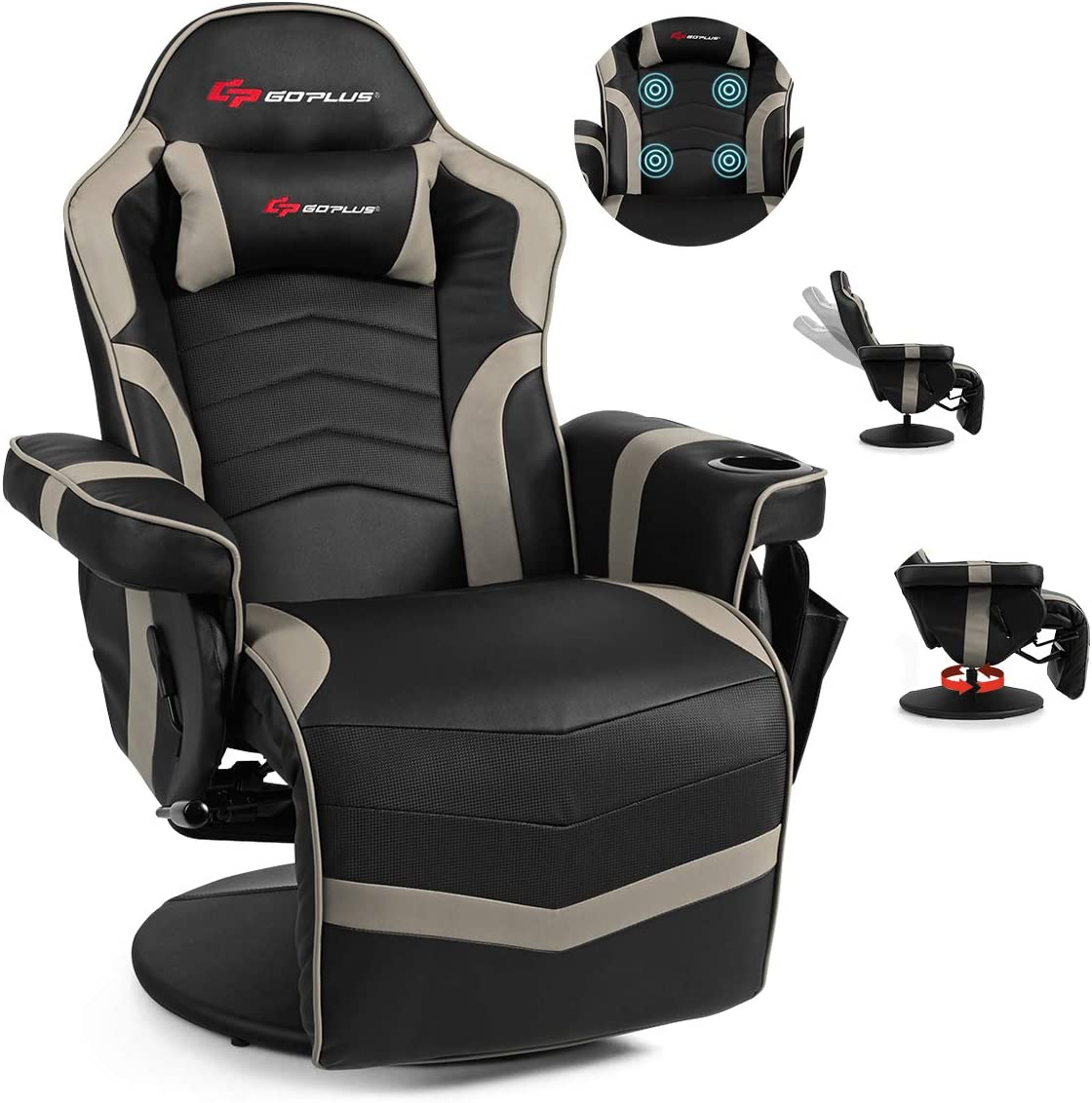 Gaming Recliner Massage Gaming Chair with Footrest Ergonomic PU Leather-image