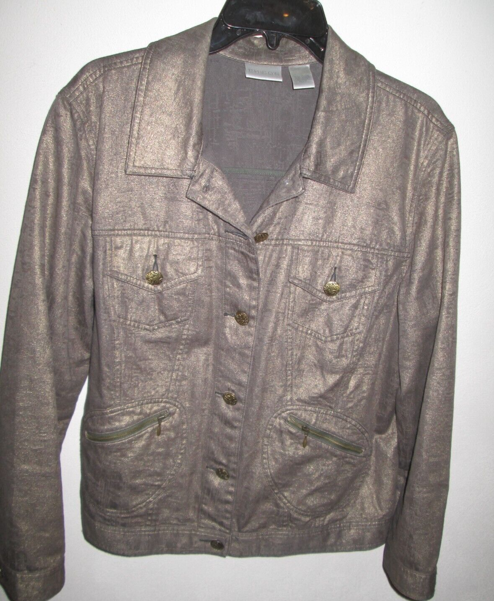 Chicos Metallic Trucker Style Jacket Button Front Plus Size Chest 46