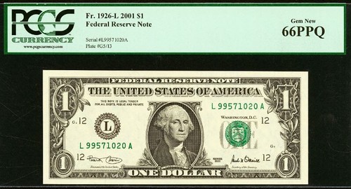 2001 $1 Federal Reserve Note PCGS 66PPQ Gem-New Fr 1926-L - Picture 1 of 3