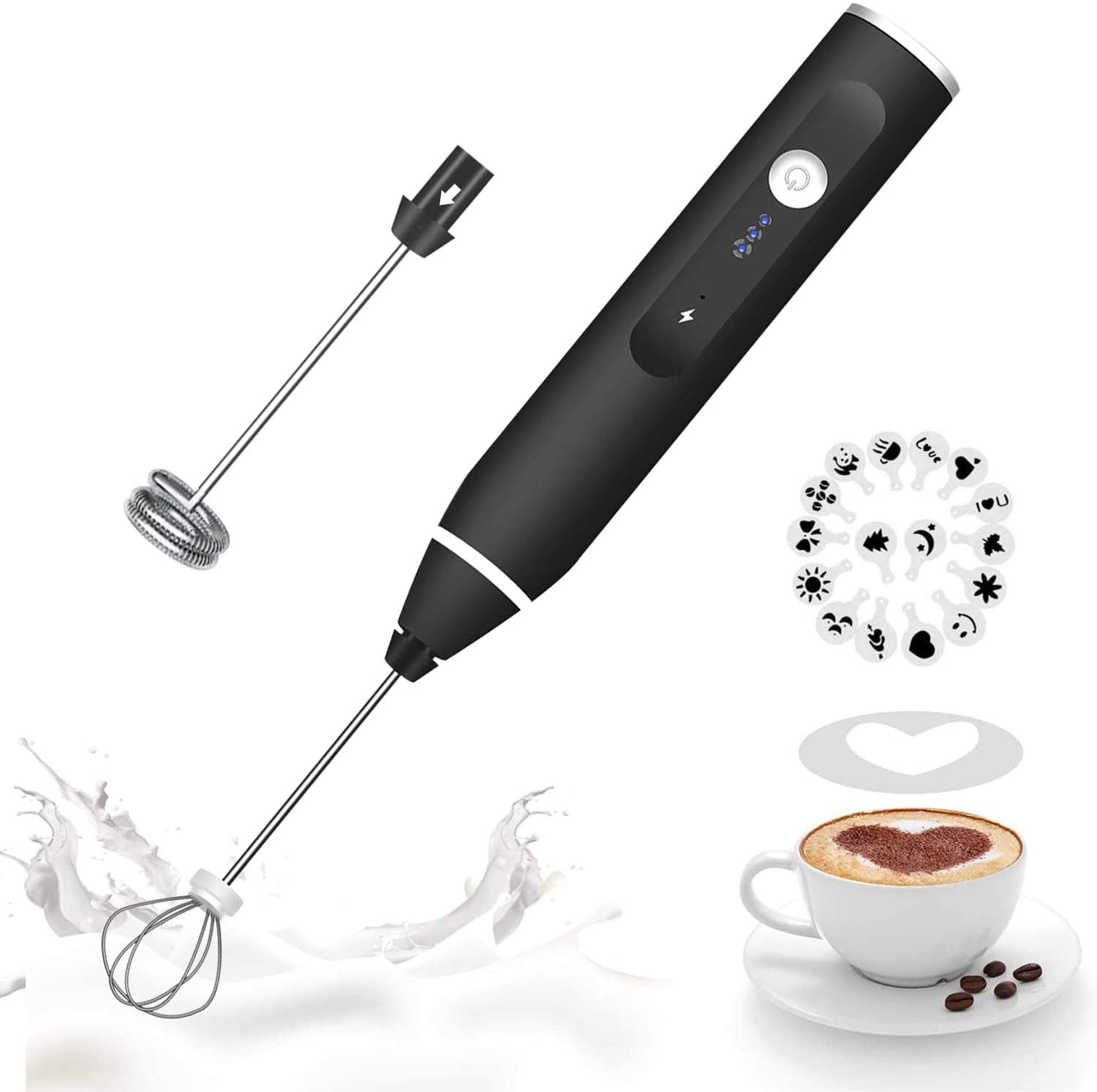 Milk Frother Handheld,  Rechargeable Whisk Drink Mixer for Coffee with Art Stenc-image