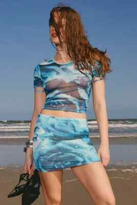 Miaou Urban Outfitters Womens Blue Printed Exclusive Peri Mesh Baby T-Shirt S