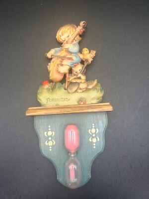 Vtg Ferrandiz ANRI Kid Playing Cello & Kitty Egg Timer Hourglass Wood Plaque 