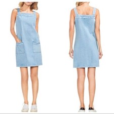 Vince Camuto Denim Fringe Overall Shift Dress Cotton Front Pockets XS Jumper