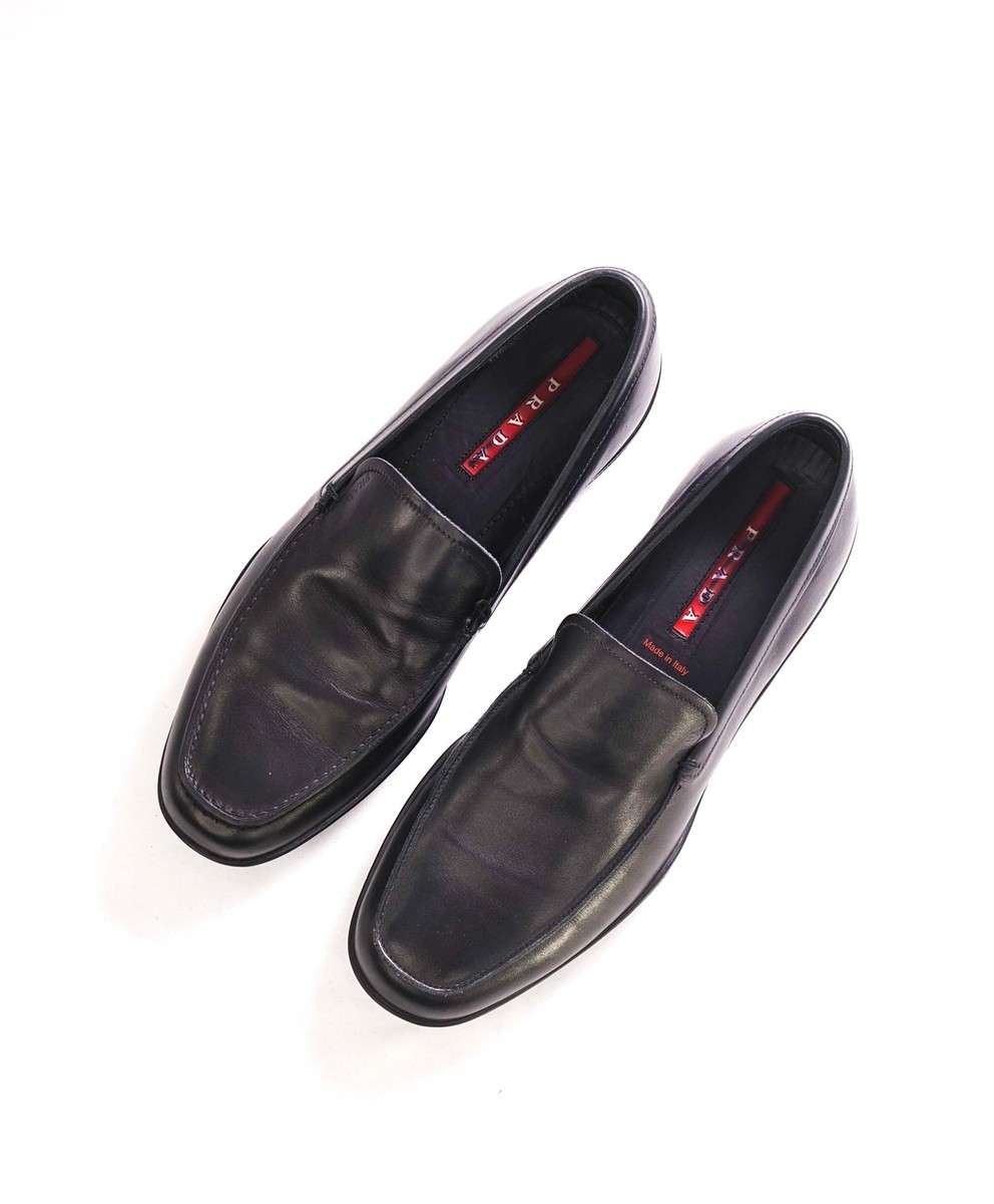 PRADA - *LINEA ROSSA* BLACK SLIP ON LOGO VAMP LOAFER - SIZE 8 runs larger Prada Black Leather Rubber Triangle Logo Linea Rossa Loafer  main image 4