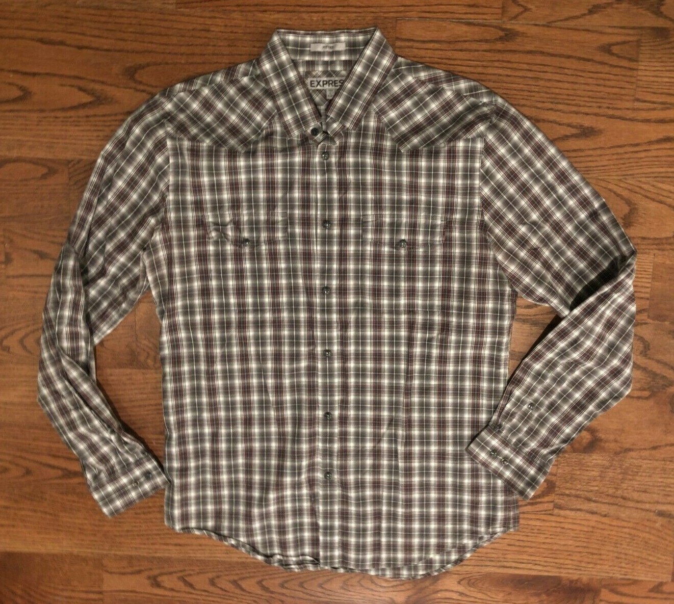 Express Fitted Snap Button Checks Plaid Long Slee… - image 1