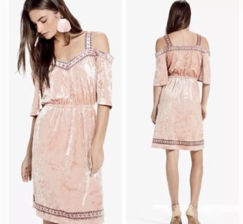 Lucky Brand Dress Boho Blush Pink Embroidered Crushed Velvet Size Small NWT