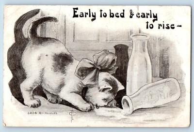 Artist Signed Postcard Cat Glass Fell With Milk Early Bed & Early To Rise 1910
