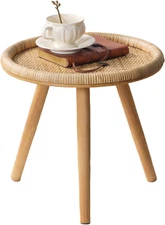 Rattan round Coffee Table, Boho Circle Side Table End Table for Living Room, Sma
