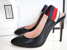 NEW Authentic GUCCI Black MALAGA KID SYLVIE WEB SLINGBACK Pumps Heels EUR37 US-7