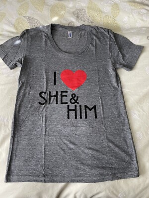 She & Him Heart Band Shirt Women s Size Medium Zooey Deschanel I Heart She & Him