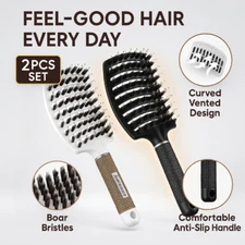 2PCS Boar Bristle Hair Brush Set Curved Vented Detangler for Wet Dry Thick Hair